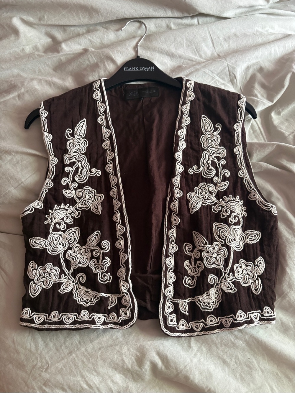 Zara Chocolate Brown Sleeveless Open Vest with White Trim 100% cotton